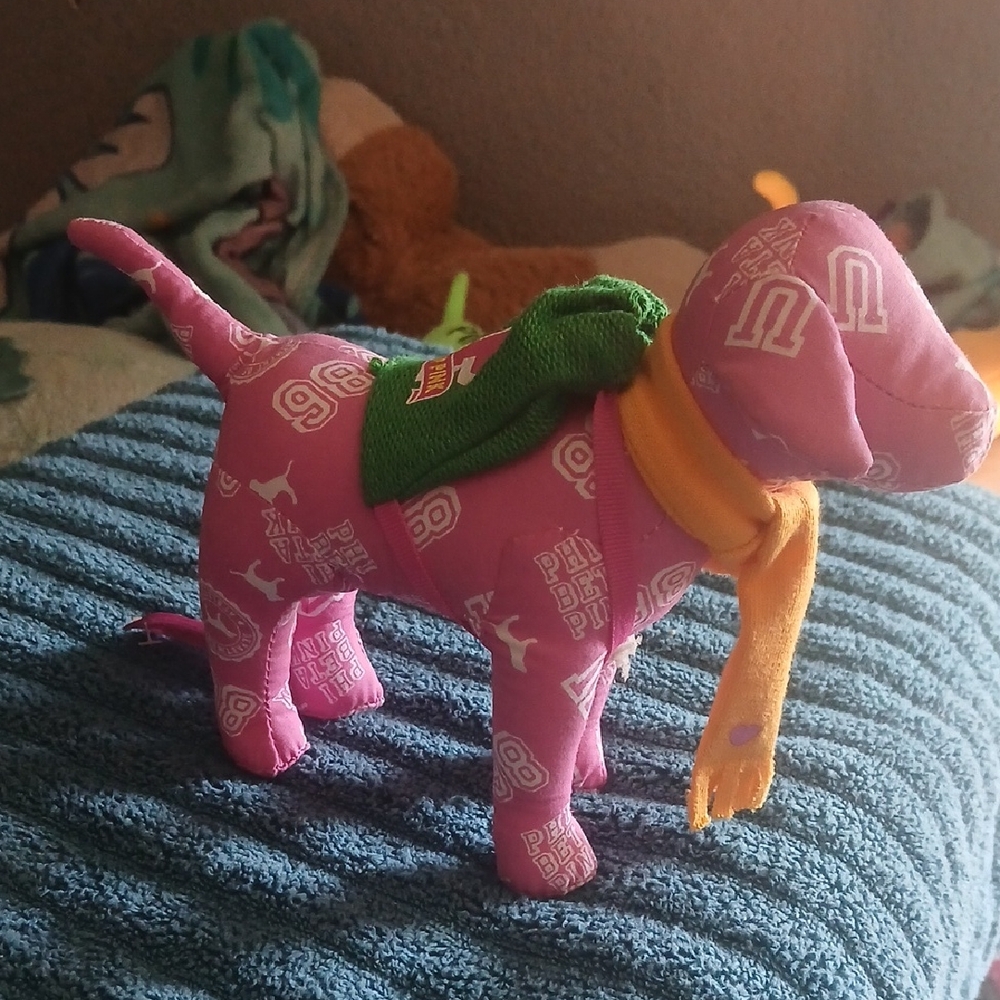 Pink Dog Cloth Toy with Yellow Scarf And Green Backpack